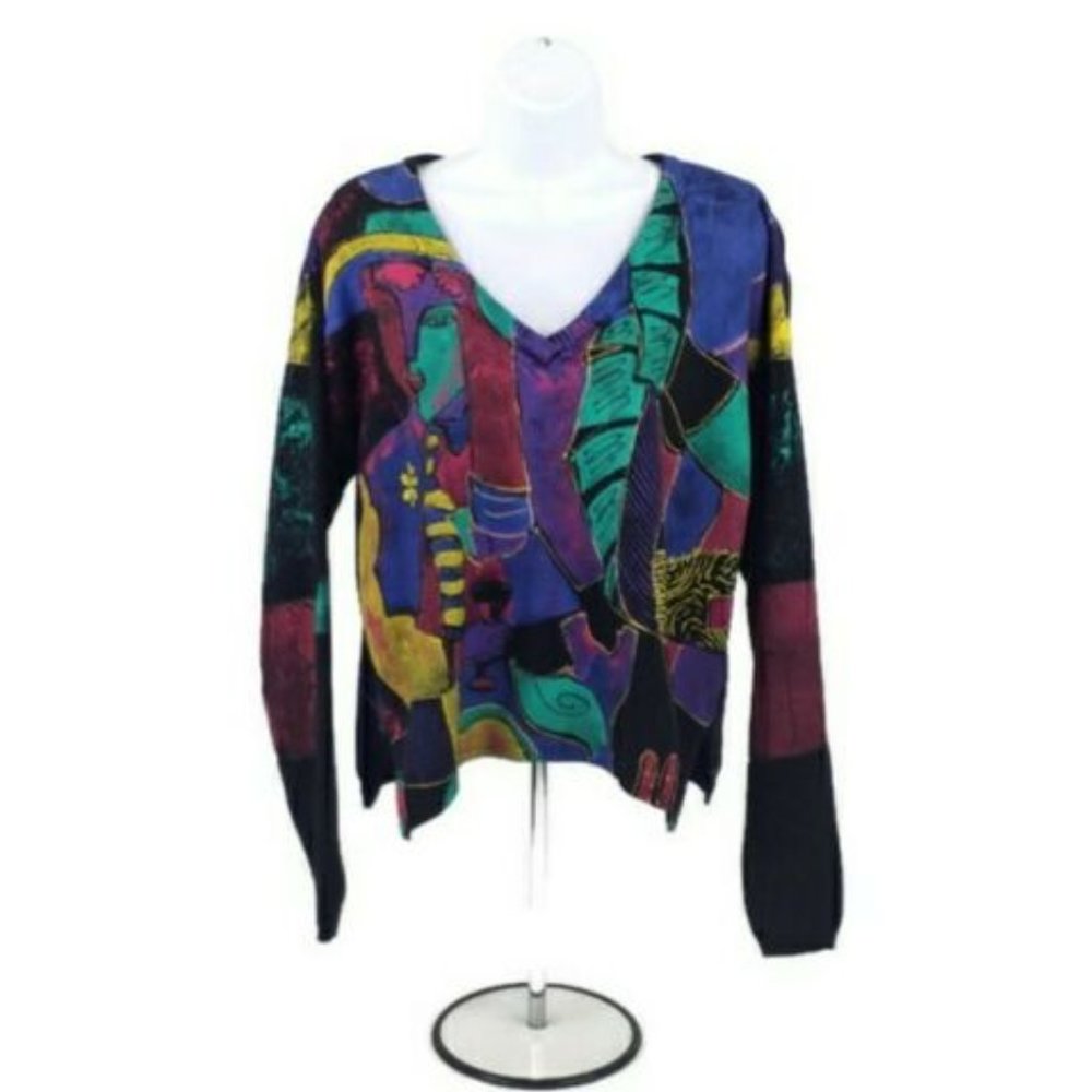 MARGUERITA Vintage Black Multicolor Art To Wear Sweater Lady Martini Womens S/M
